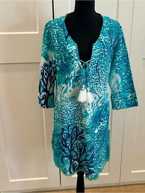 Kiki Sol Turquoise Coral-Print Women's Swim Coverup with Tassel Tie Detail